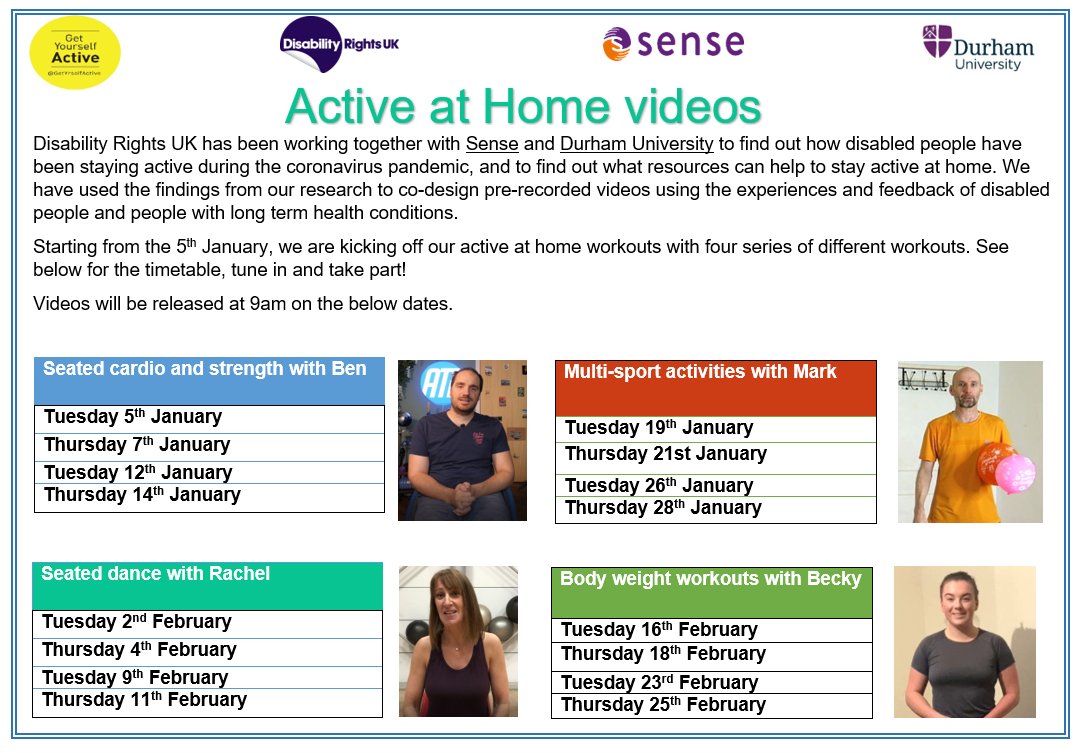 We are really happy to share our Active at Home timetable with you! From January we we will be kicking off with the first of four series of different workouts, all developed from research with disabled people. 

Subscribe to our YouTube Channel here: 
youtube.com/channel/UCitKW…