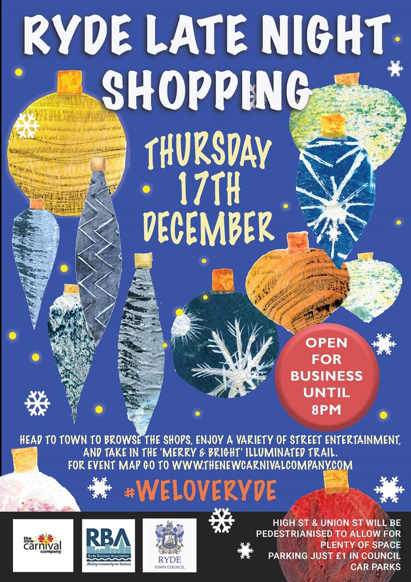 Thursday... It's Late Night Shopping.
Head out and support your local shops. Plus check out the 'Merry &amp; Bright' trail from the New Carnival Company. 
#weloveryde #Ryde #christmas #shopping #isleofwight 
<a href="/RydeTownCouncil/">Ryde Town Council</a> <a href="/RydeAbide/">Wayne Whittle</a> <a href="/NetworkRyde/">Network Ryde</a>