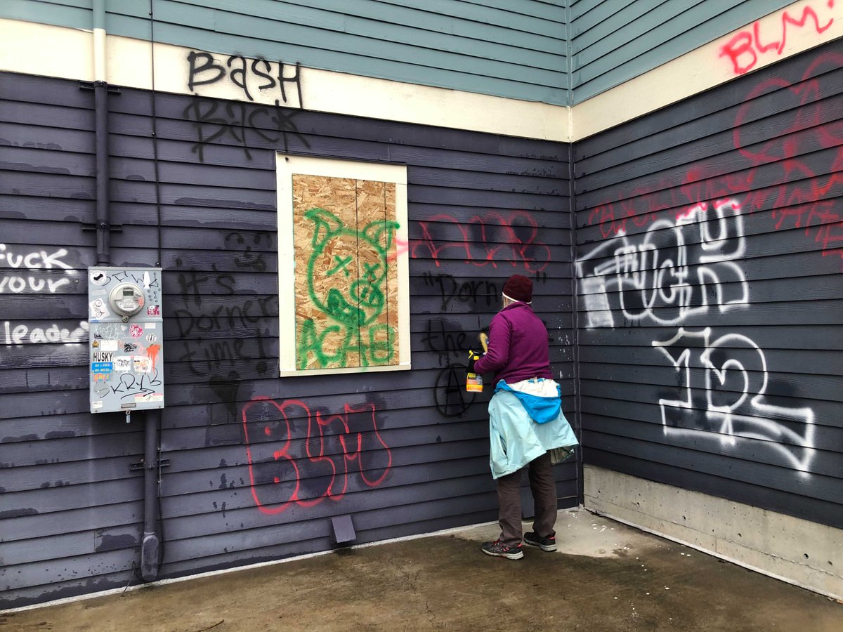 One of these volunteers was Christine Peterson, 40, who was busy scrubbing graffiti off the walls of a children's dentistry clinic."People were really brandishing the people here as violent, out of control people when really this was a big act of solidarity," she said.