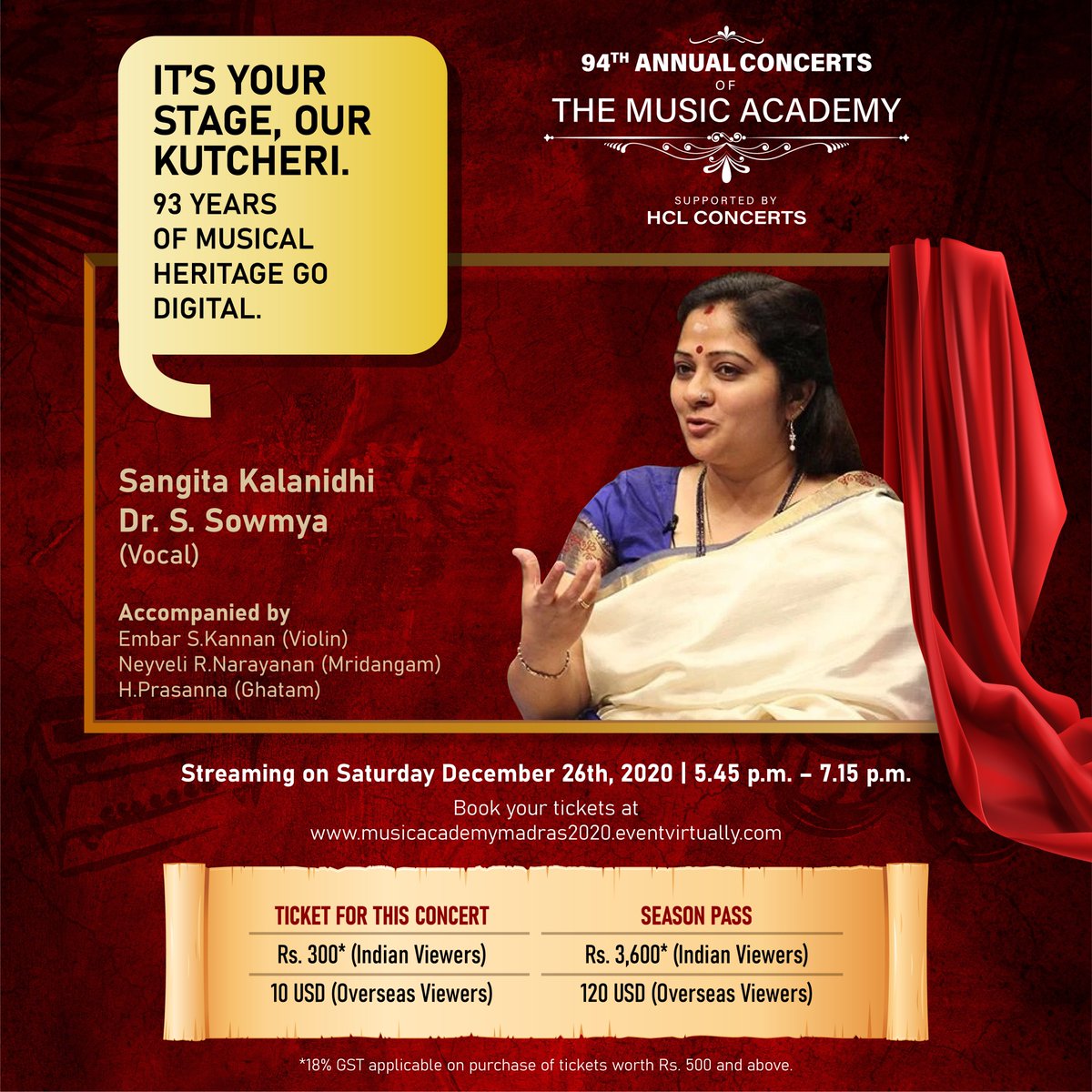 ssowmya's tweet photo. Timings and passes to the concert for @musicacademyma on Dec 26th https://t.co/rDKPiLRuau