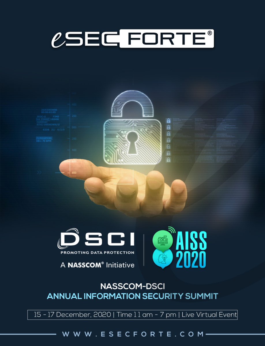 esecforte's tweet photo. We are excited to announce that we'll be present at the 15th Annual Information Security Summit (AISS) 2020 virtually, between December 15th -17th.

We look forward to seeing you at our 'eSec Forte' Booth!

#esecforte #DSCI #NASSCOM #AISS https://t.co/TYJAR5Osif