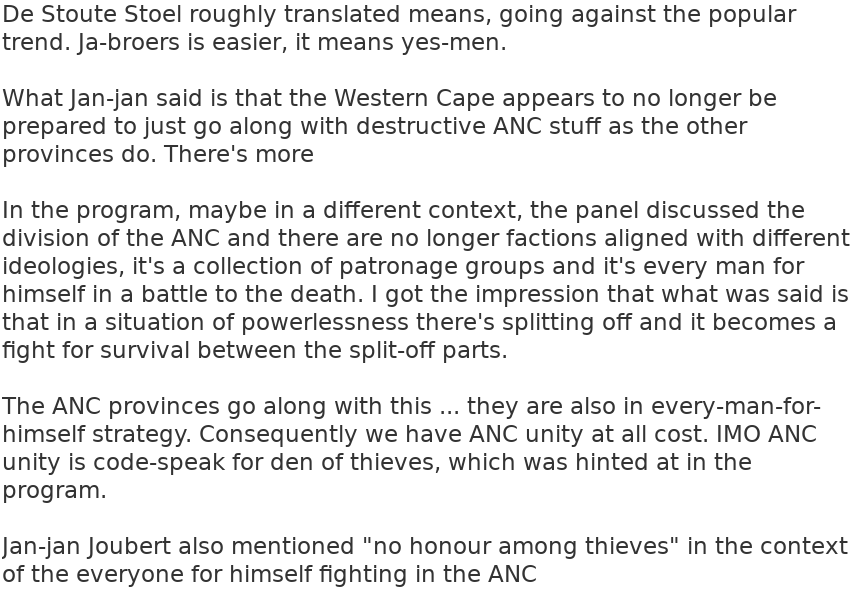 Kawasaki__900's tweet photo. Thank you @SuzannePax @zarsg for an insightful #Kommentaar last night
.
Note to @philcraig2, @alanwinde, @GwenNgwenya, @IRR_SouthAfrica, @LetsFreeTheCape : Jan-jan Joubert used the term "stoute-stoel" in the context of WC & "ja-broers" for other provinces
.
I try explain below https://t.co/4pAeHzTqwC