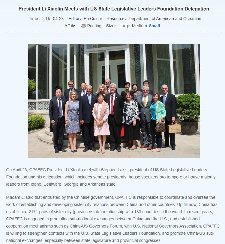 The Chinese "friendship happy care" association also loves to meet with U.S. legislative leaders from all states! We're sure the Chinese interest in our political leaders is purely unselfish and only because they really *care* about us!