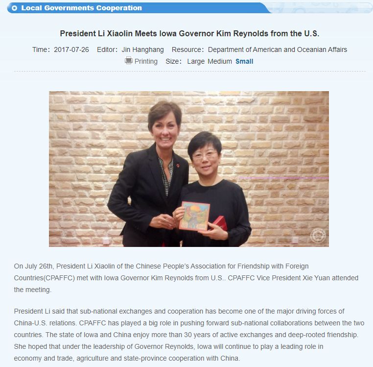 “The Chinese People’s Association for Friendship in Foreign Countries" also has a fantastic working relationship with several state-level politicians, including U.S. governors.Here's a lovely shot with Iowa Gov. Kim Reynolds.