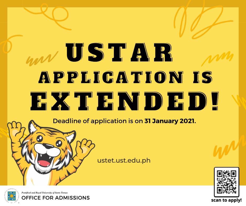 USTofad's tweet photo. USTAR Update:

Deadline of submission for your USTAR application has been extended until 31 January 2021.

#USTAR2021 https://t.co/Qg0t8rlrrT