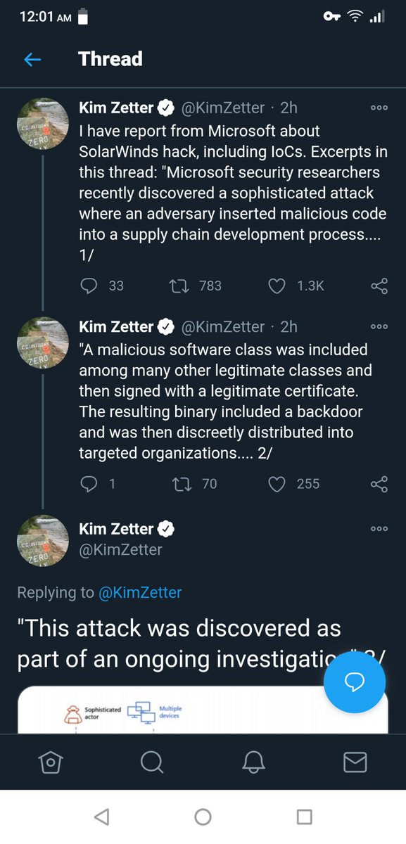 Possibly unrelated...But here is the info on the Microsoft hack...Part 1 https://www.fireeye.com/blog/threat-research/2020/12/evasive-attacker-leverages-solarwinds-supply-chain-compromises-with-sunburst-backdoor.html https://twitter.com/KimZetter/status/1338338099986714626?s=20