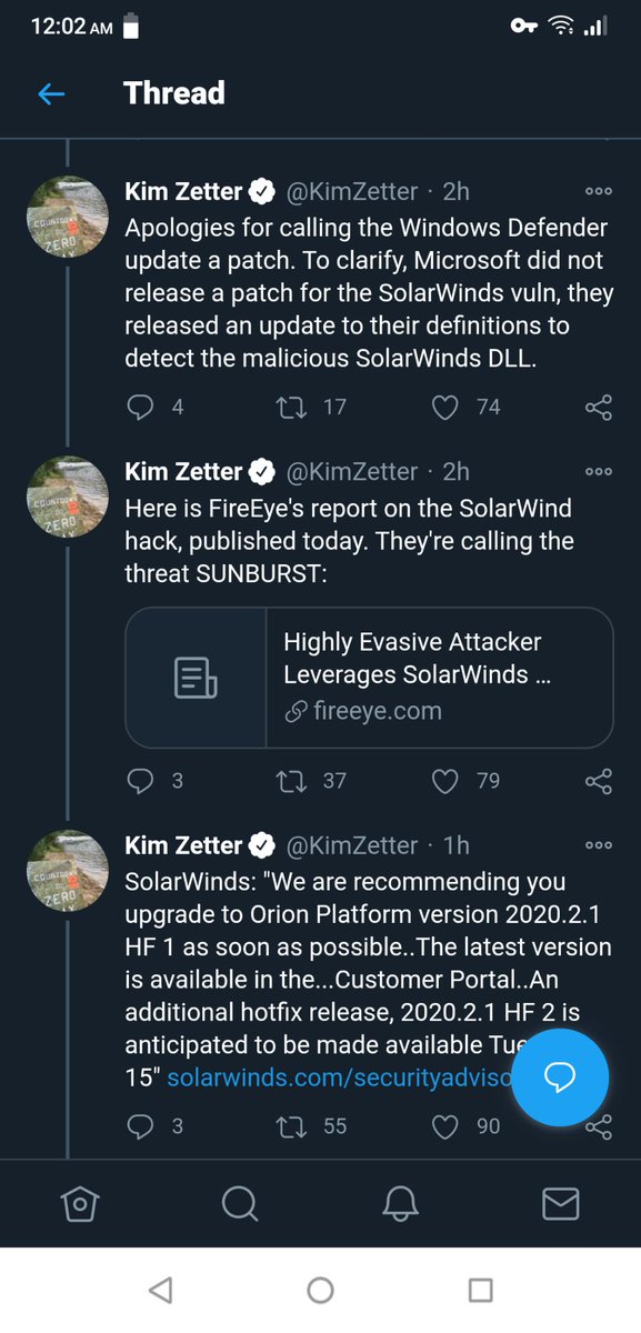 Possibly unrelated...But here is the info on the Microsoft hack...Part 2 https://www.fireeye.com/blog/threat-research/2020/12/evasive-attacker-leverages-solarwinds-supply-chain-compromises-with-sunburst-backdoor.html https://twitter.com/KimZetter/status/1338305089597964290?s=20