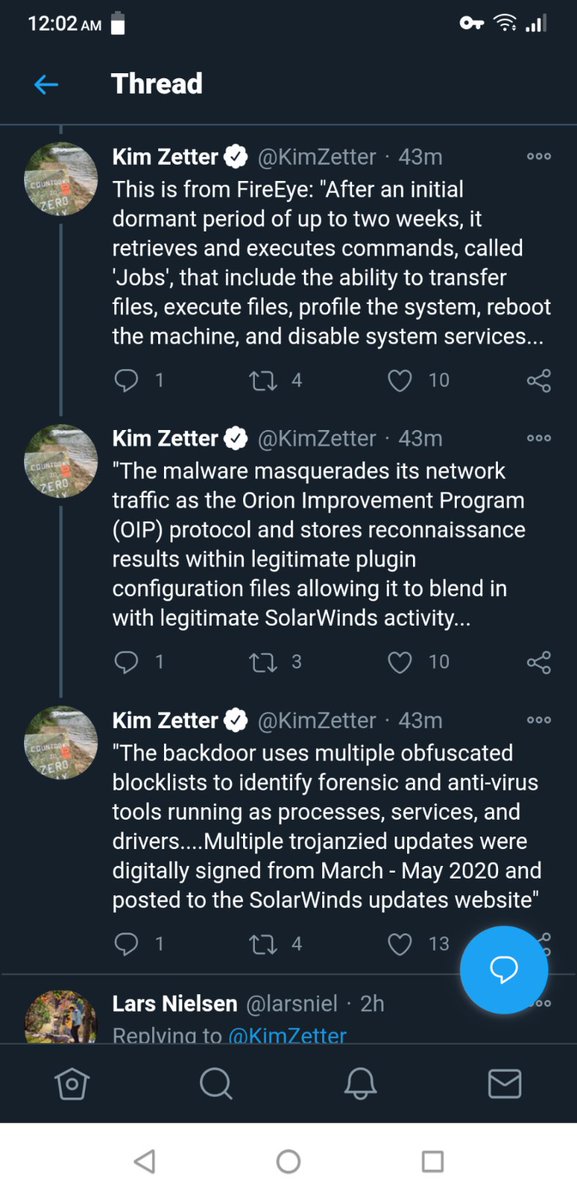 Possibly unrelated...But here is the info on the Microsoft hack...Part 2 https://www.fireeye.com/blog/threat-research/2020/12/evasive-attacker-leverages-solarwinds-supply-chain-compromises-with-sunburst-backdoor.html https://twitter.com/KimZetter/status/1338305089597964290?s=20