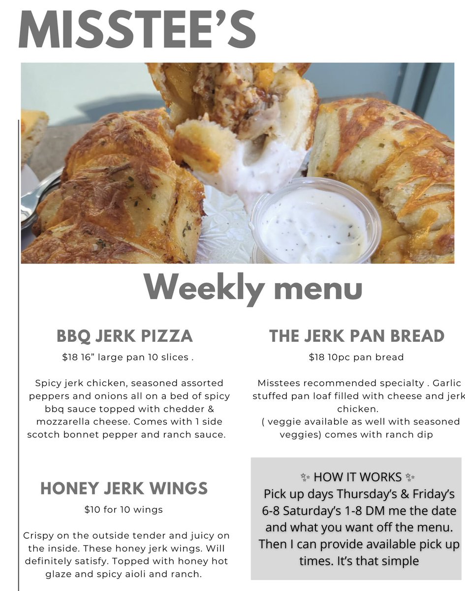 MissTeeLoveFood's tweet image. Weekly orders. #pullapartbread jerk chicken pan bread #pickuporder #supportlocal #BlackOwnedBusiness #durham