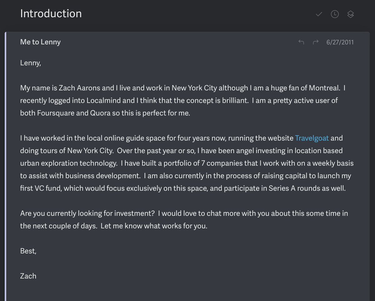 8/ So, I cold emailed the founder of Localmind,  @lennysan, and asked if I could invest.