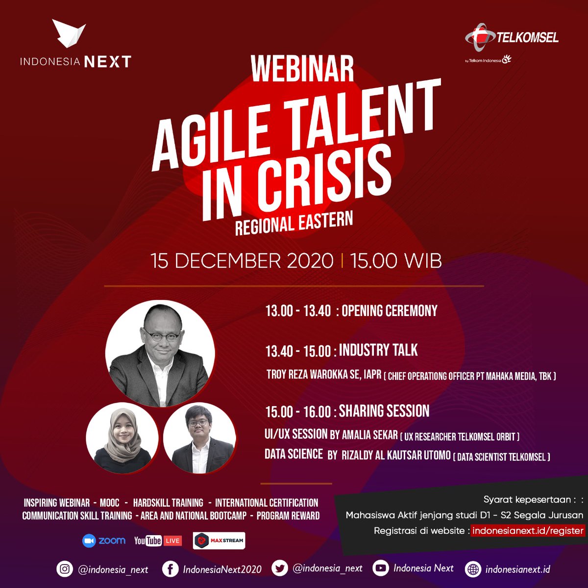 Hello Next People Eastern, Gabung yuk di webinar " AGILE TALENT IN CRISIS"
Tema: Agile Talent In Crisis
Platform Link: bit.ly/IDNEXTeastern
Virtual Background : bit.ly/VB_IDNEXT_audi… (mohon menggunakan Virtual Background selama acara )