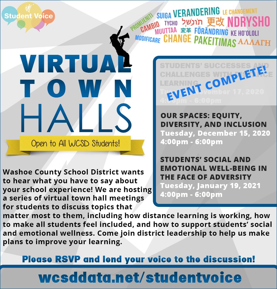 My space, your space, let’s make it OUR SPACE! Meet other students and share your ideas to make schools more equitable and welcoming at the next virtual town hall on December 15th from 4-6pm! Register at wcsddata.net/studentvoice.  Attendees get a free t-shirt! #WCSDTownHall