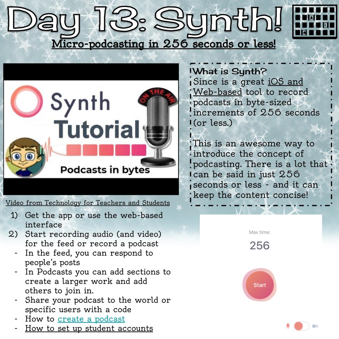 herrplatt's tweet image. #EdTechAdvent Day 13 - Try @gosynth to jump into micro-podcasting in byte-sized recordings of 256 seconds or less. This is a great iOS and Web-based app that is great for recording, sharing, and collaborating on a podcast. bit.ly/edtechadvent20…