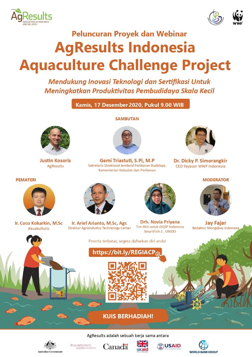 #SobatAkuakultur, yuk ikut keseruan webinar AgResults Indonesia Aquaculture Challenge Project Webinar u/ mengetahui proyek yg memerhatikan pembudidaya skala kecil&amp;inovator teknologi budidaya. Daftar di bit.ly/REGIACP. Kuota terbatas! #AgResultsAquacultureChallenge
