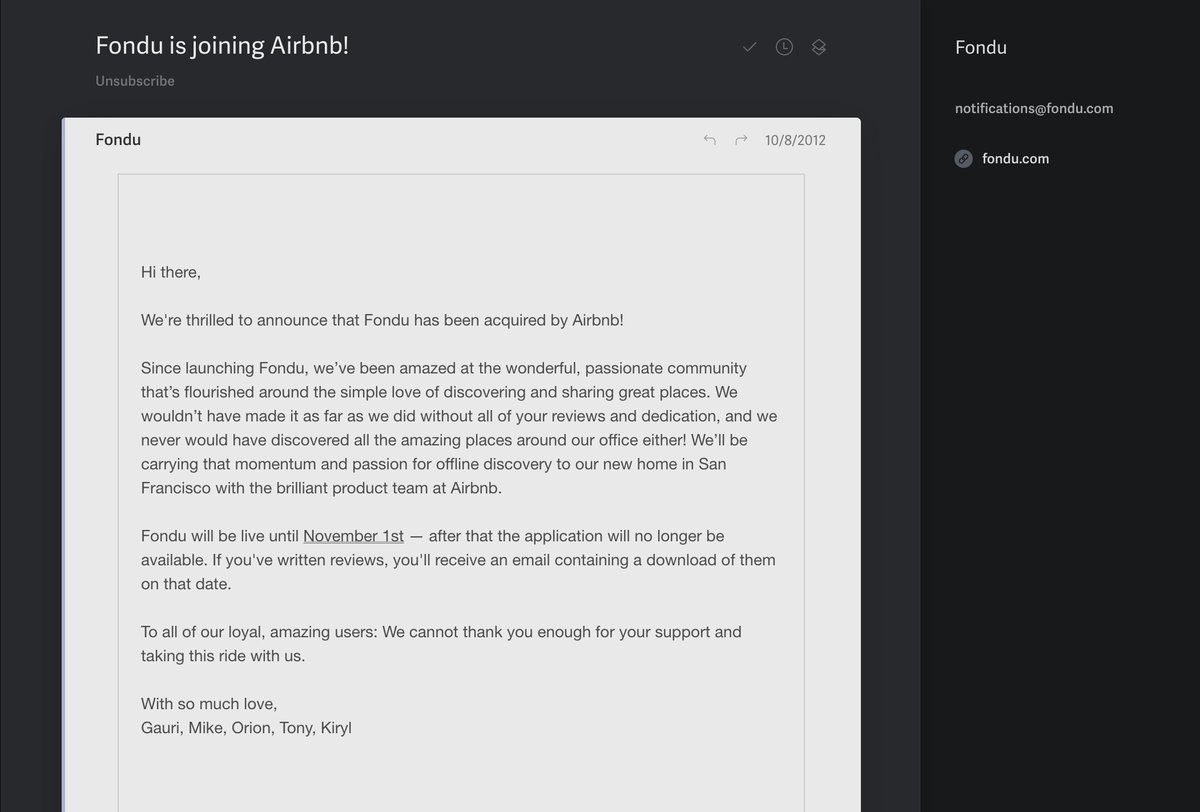17/ The company changed its name to  @fondu and was also ultimately acquired by Airbnb in 2012.  @gauri and  @oburt joined  @lennysan working on product at Airbnb.