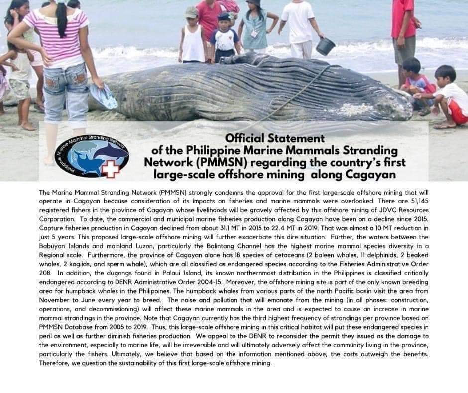 MangingisdaSays's tweet photo. STATEMENT OF PMMSN: NO TO OFFSHORE MINING IN CAGAYAN!

This large-scale offshore mining in this critical habitat will put these endangered species in peril as well as further diminish fisheries production. #SaveOurSeas #NoToOffshoreMining https://t.co/lHCDhITiOi