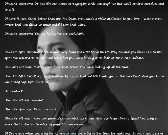 LauraDear16's tweet photo. ❣️Warning:It's not for Dears who can't understand a joke.Just 4 fun till voting.Dimash part 1 interview by his body parts,completly wierd to write but I just couldn't resist.Every similarity with real Dimash and accounts are coincidence🤣I hope at least 1 person will laugh a bit https://t.co/mJbID6hIbp