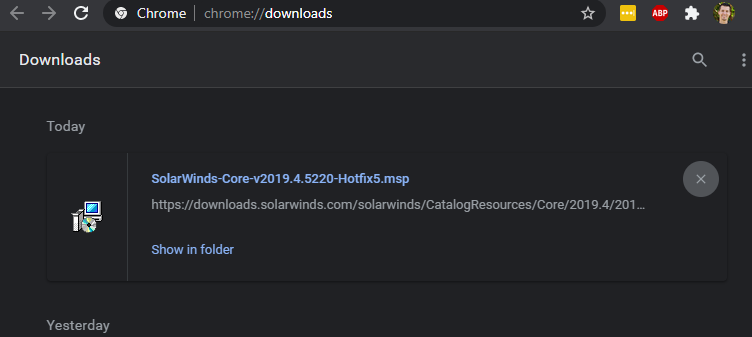 The full compromised package is still being hosted online as well  hxxps://downloads.solarwinds[.]com/solarwinds/CatalogResources/Core/2019.4/2019.4.5220.20574/SolarWinds-Core-v2019.4.5220-Hotfix5.msp