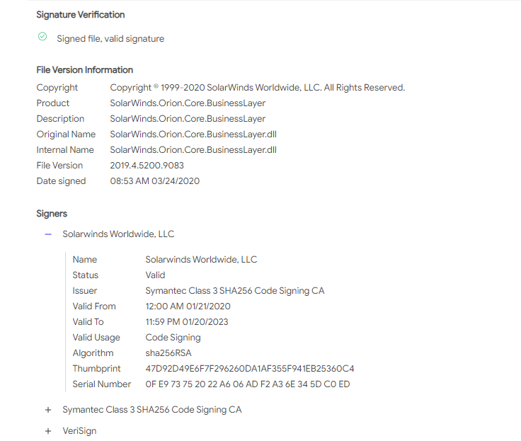 SolarWinds' digital certificate hasn't been revoked yet.