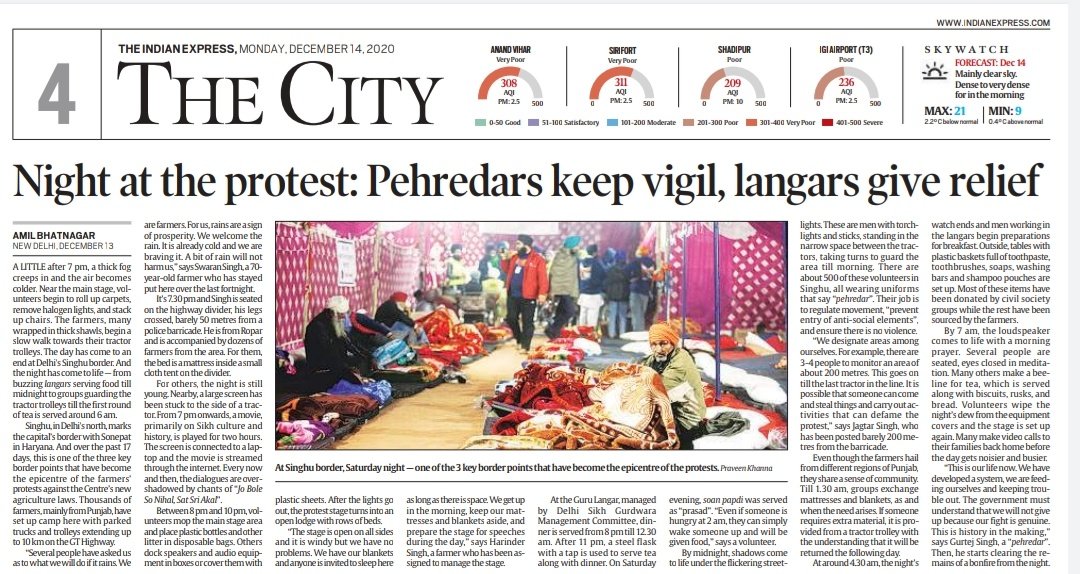 I spent a night at the Singhu border to understand what goes on in the protest when the day is over. Turns out the night is almost as alive as the day. Langars till midnight, volunteers on the night's watch and a buzz of activity till early morning. (1/n)