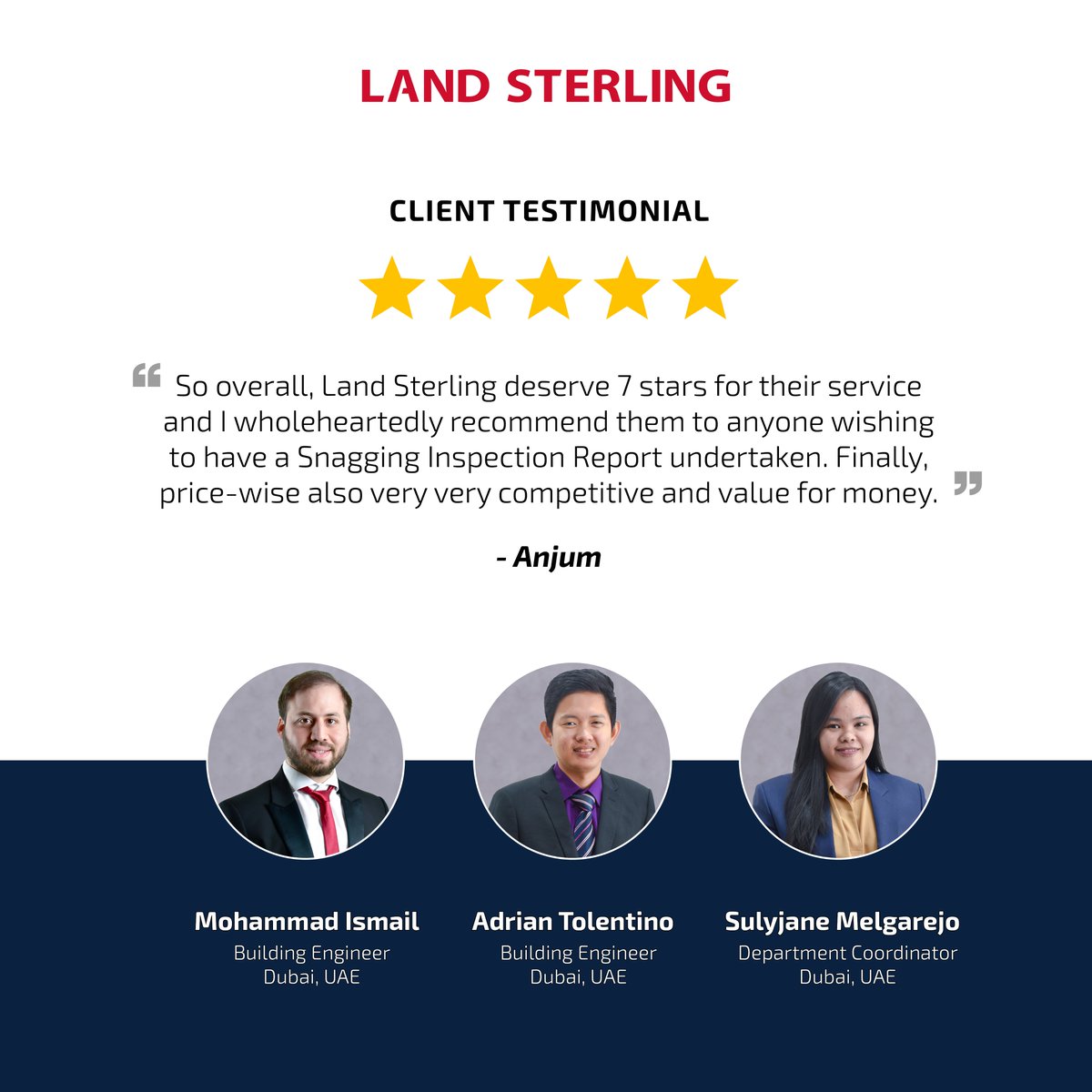 LandSterling's tweet photo. To earn our client’s trust is the greatest compliment. A big congratulations to Mohammad Ismail, Adrian Tolentino and Sulyjane Melgarejo for receiving another 5-star review.
#UAE #GCC #KSA #ProjectConsultancy #Snagging #RealEstate #ClientFeedback #5Stars https://t.co/w522Ft0DCo