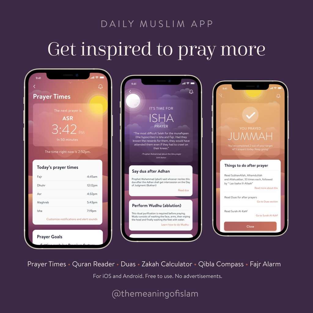 MeaningOfIslam's tweet photo. Get prayer alerts in a whole other way. Be inspired to pray often and keep track. Launching end of Dec 2020 inshaAllah.
---
#dailymuslim #dailymuslimapp #themeaningofislam #islamicapp #muslims #islam https://t.co/eO2XpeW0Hb