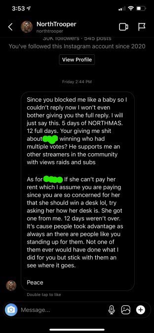 TWITCHEXPOSED1's tweet photo. Don’t support this streamer. NorthTrooper. When his community bought him a vacation, he proceeded to make fun of someone in his community that couldn’t afford to pay their bills.. DURING COVID TIMES. DISGUSTING BEHAVIOR. https://t.co/hdfG8YLajA