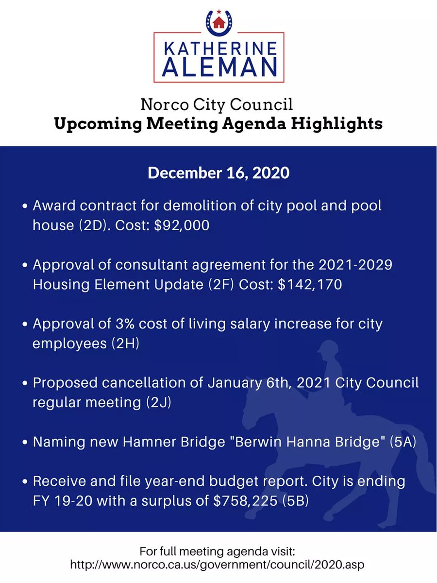 VoteKatiAleman's tweet photo. Official agendas are posted on the city website the Thursday before each council meeting, which take place the 1st and 3rd Wednesday of every month. You can also watch the meetings at https://t.co/ybR7F8ncFi and submit public comments to citycouncil@ci.norco.ca.us. https://t.co/NOnQ3xPPWx