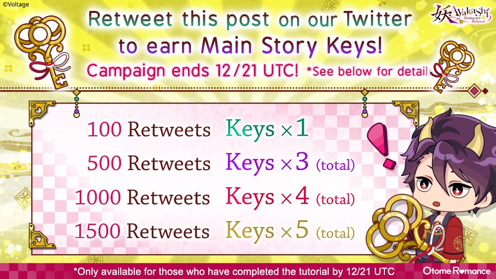 AyakashiRR's tweet photo. 🎁Retweet this post to enter🎁

🎅Get Main Story Keys by retweeting!
🎄Aim for 1500 retweets for 5 Main Story Keys!

We also have a Story Completion Campaign going on now♪

⚠️Campaign ends 12/21（UTC）.

#AyakashiRR #VoltageInc #OtomeRomance https://t.co/VNaER3NTEx
