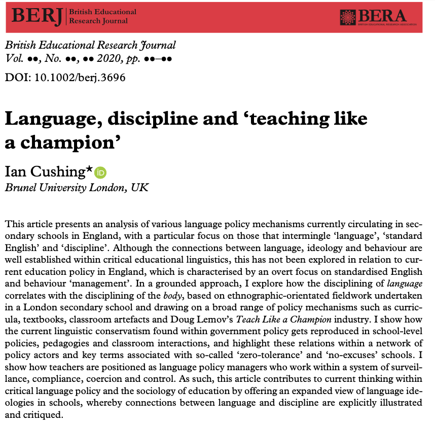 My new research is now published open access in British Educational Research Journal: 'Language, discipline and ‘teaching like a champion’. It's a critique of language and body policing in so-called 'zero-tolerance' or 'no-excuses' schools.