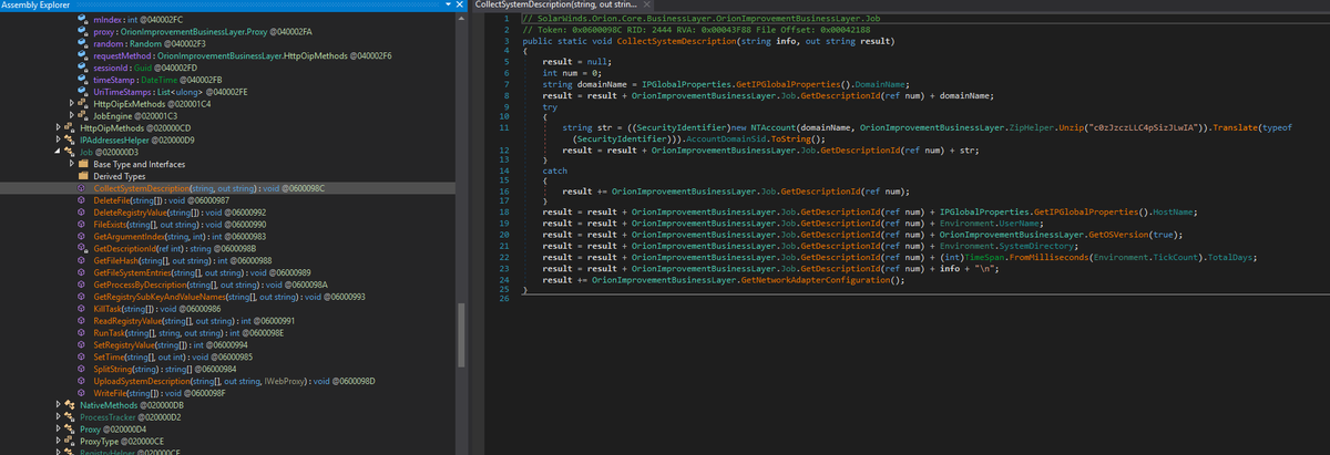 Job class within the backdoored  #Sunburst DLL is pretty straight forward and aligns with  @FireEye's analysis. CollectSystemDescription: