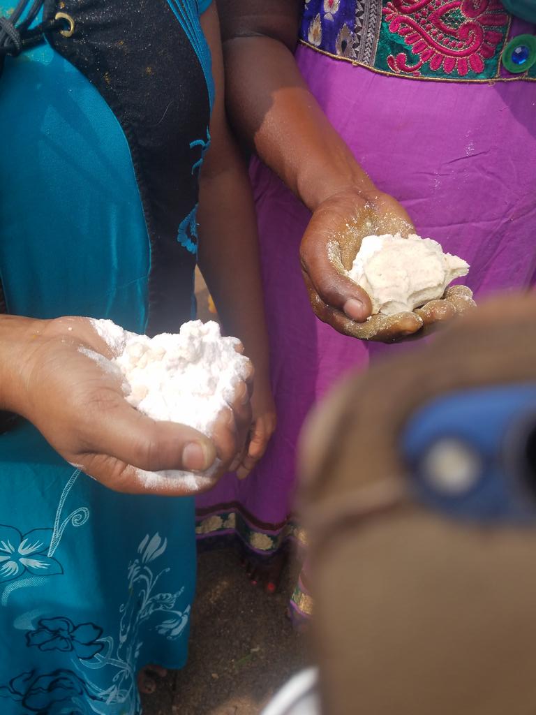 After the poojai is done, the rice-jaggery mix is distributed along with paanagam. Sugarcane used to build the structure for Amman, lemon, onions, banana, garland etc used for poojai is also distributed.