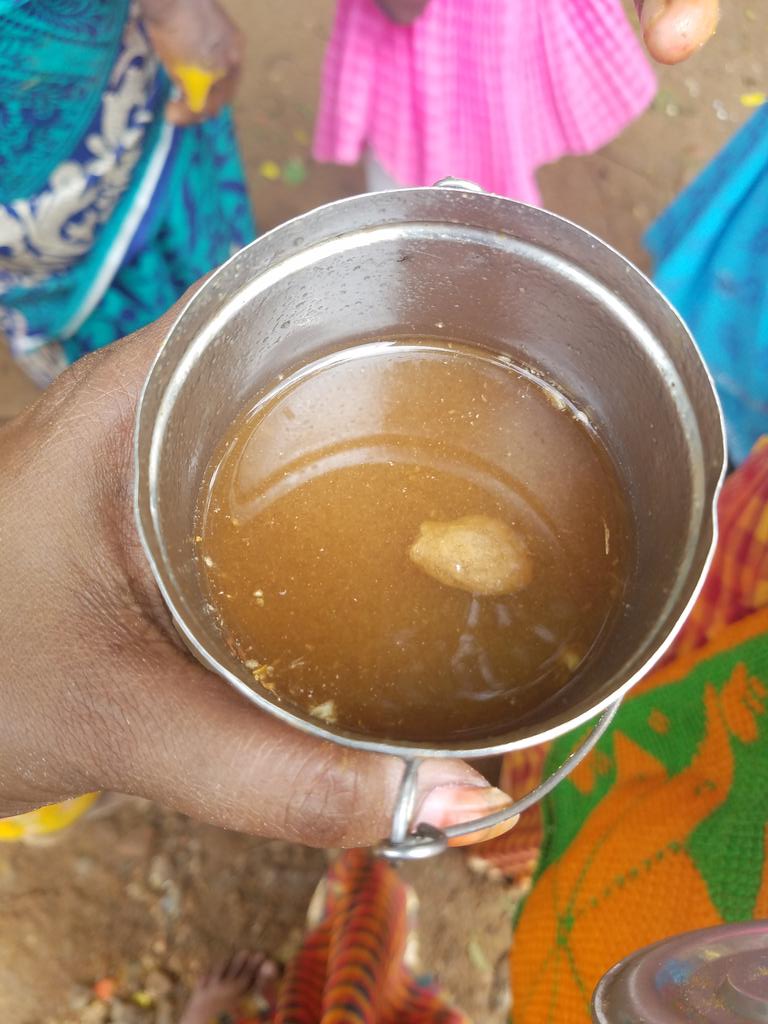 After the poojai is done, the rice-jaggery mix is distributed along with paanagam. Sugarcane used to build the structure for Amman, lemon, onions, banana, garland etc used for poojai is also distributed.