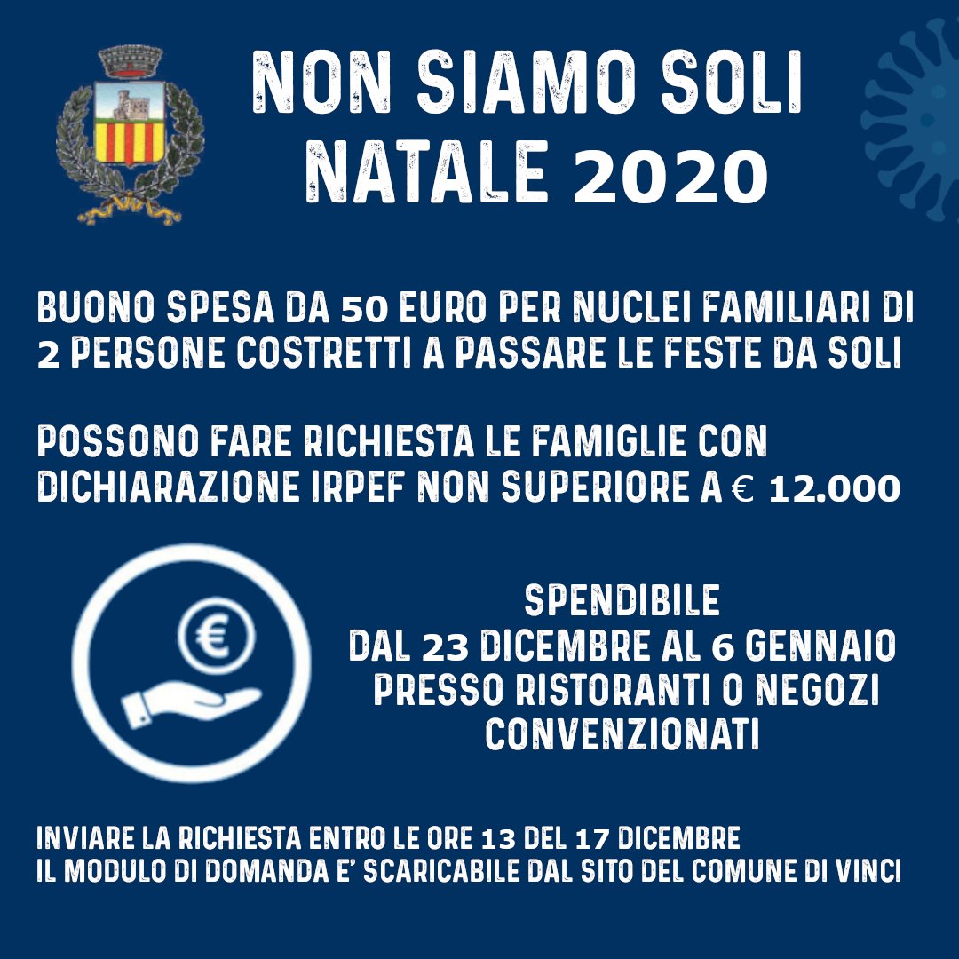 VinciCitta's tweet photo. #Covid_19 #coronavirus 
Per il #Natale2020 il Comune di Vinci ha attivato un'ulteriore iniziativa a sostegno delle attività produttive e delle famiglie colpite economicamente dall’emergenza sanitaria. Per saperne di più vai qui:
https://t.co/6uglx8HrtD https://t.co/eDnXRCSCF8
