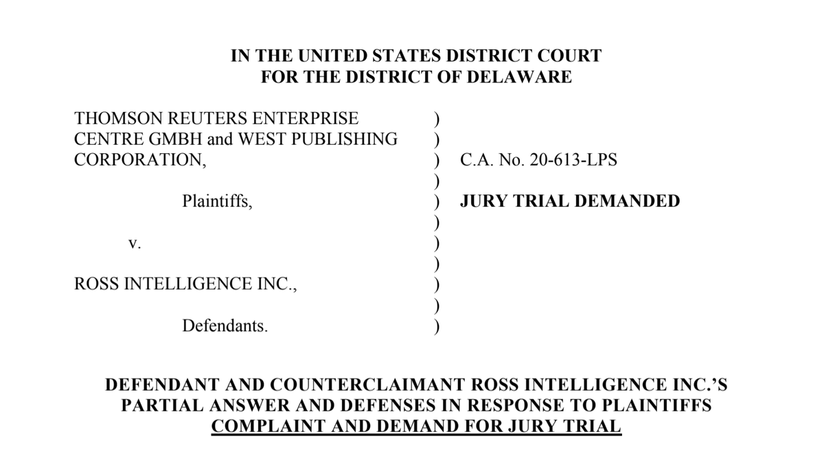 andrewarruda's tweet photo. THREAD: Today, we partially withdrew our motion to dismiss as to a portion of the claims brought by Thomson Reuters. Instead, we answered part of their complaint and filed our own affirmative case.

https://t.co/131Ieg8Xw9 https://t.co/wbcK9Z8DAf