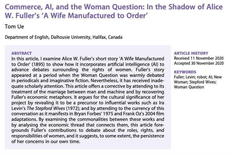 GissingGeorge's tweet photo. Check out my new essay on Alice Fuller, robot spouses, and the #WomanQuestion @Gender_Journal! #Victorian #scifi #AI #commerce #exchange #money https://t.co/tJmrsysjzC https://t.co/VsBR545Es7
