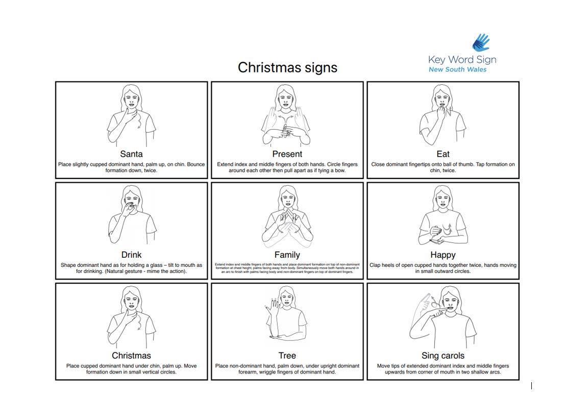 NDIS's tweet photo. Key word signs for Christmas! 🎄

With Christmas fast approaching, Key Word Sign NSW have made a chart featuring Key Word Signs that can be used during the festive season.

#KeyWordSign https://t.co/KlQzJFTyc7