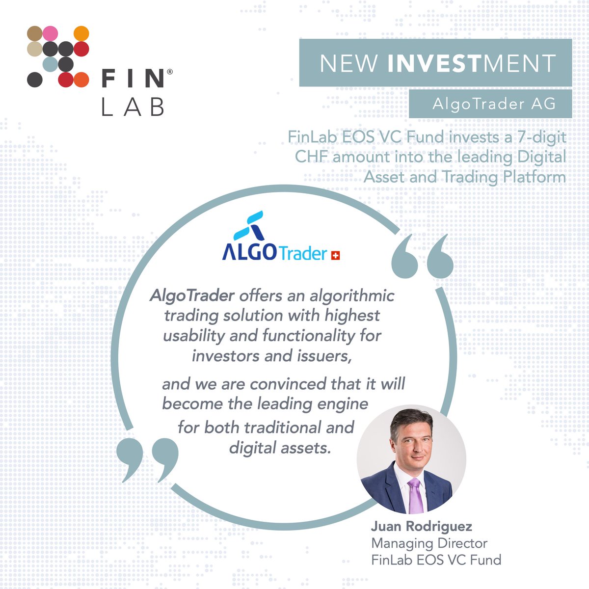 #FinLab #EOSVCFund keeps investing 💰📈
We have invested a 7-digit amount into AlgoTrader, enlarging the Series A round to CHF 5.2 million!

Read more here: dgap.de/dgap/News/dgap…

#FinTech #Trading #DigitalAssets #EOSIO #blockchain #proudinvestor #digitization