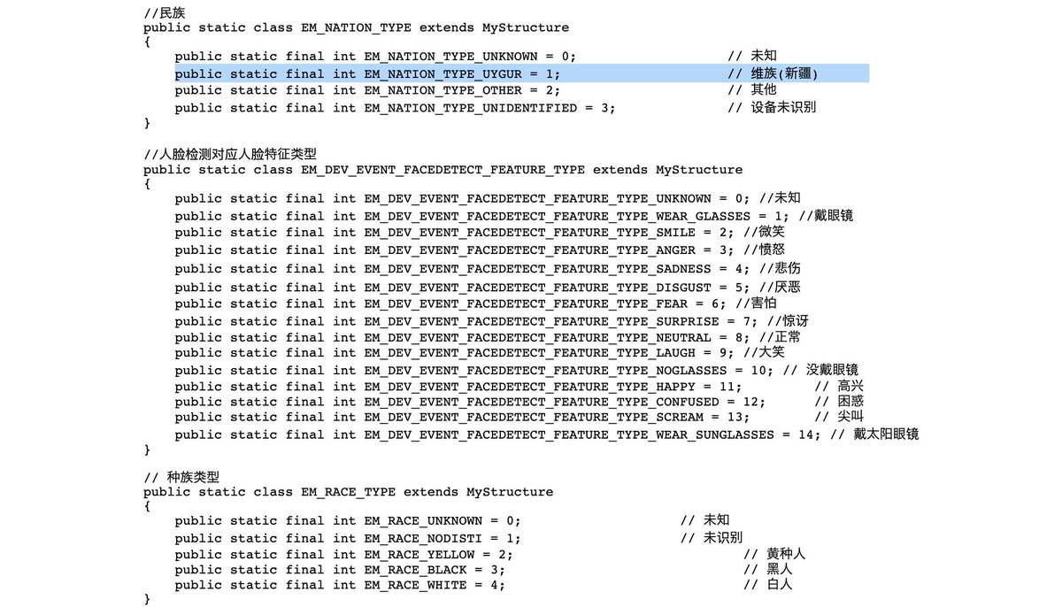 Uighur detection (and only Uighur detection) is literally now embedded into the surveillance camera API of companies such as Hikvision:  https://twitter.com/kcimc/status/1323178590922366976