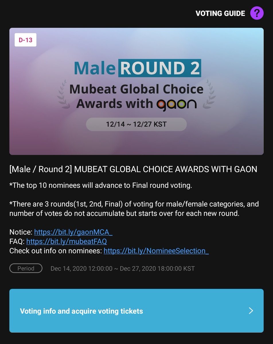 MUBEAT- January Anniv. Ad (Currently 8th) :  https://mubeat.page.link/oB4W&nbsp; GAON Awards - 2nd round (Currently 12th need to be in the top 10):  https://mubeat.page.link/hN8A&nbsp;What else to do: Collect beats & voting tickets, you may switch accounts.