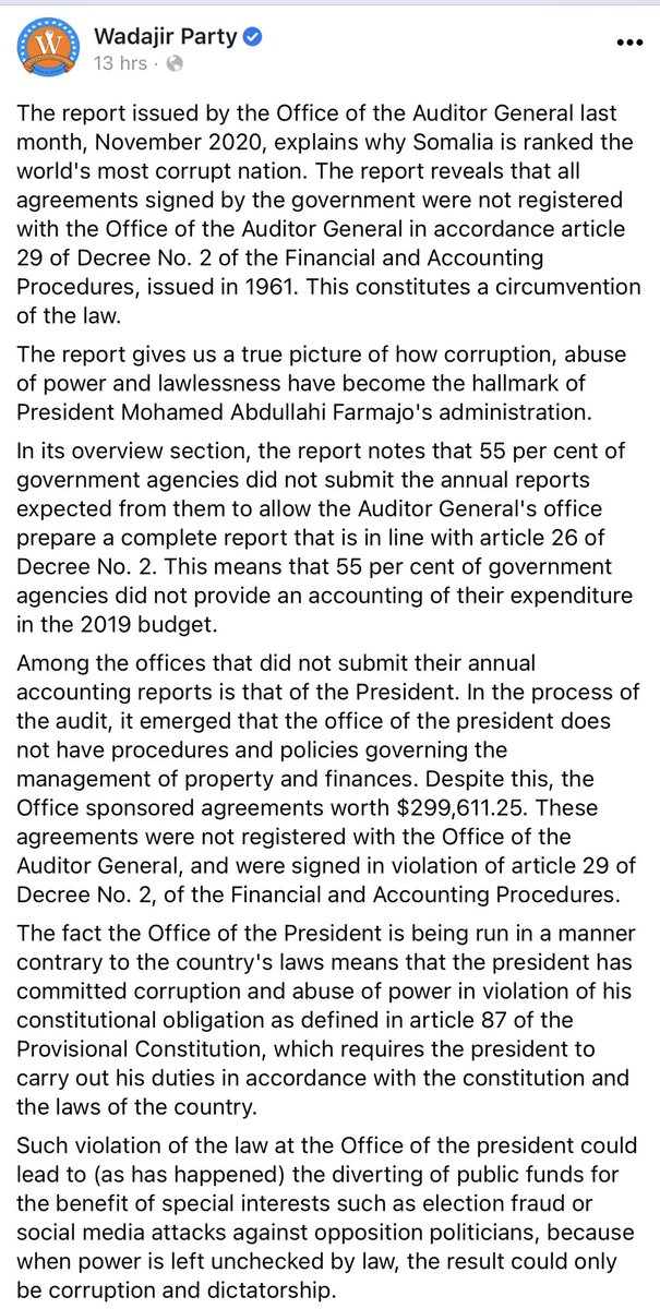 The report issued by the Office of the Auditor General last month gives us a true picture of how corruption, abuse of power and lawlessness have become the hallmark of President Mohamed Abdullahi Farmajo's administration.