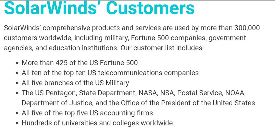 Here is a list of some of the customers who use the software made by the software maker (their name is SolarWinds). All of these were potentially compromised.