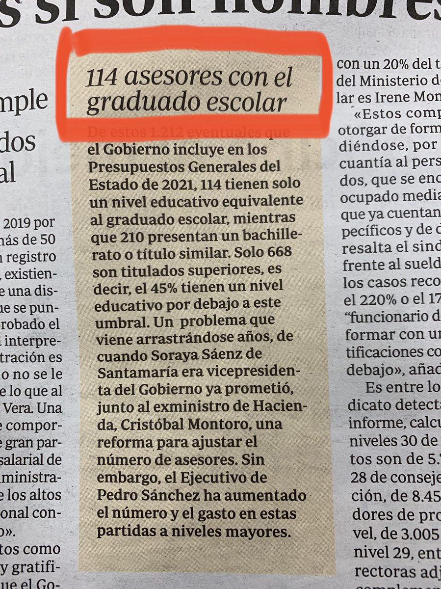 RubenTejedorr's tweet photo. Impresionante el dato que publica hoy @abc_es Nada menos que hay 114 asesores del Gobierno que solo acreditan el graduado escolar (y 210 bachillerato)
Y yo me pregunto: sobre qué asesoran estás personas con salarios que muchas veces superan los 60.000€ al año?
#dedazo https://t.co/v9FX7gUonr