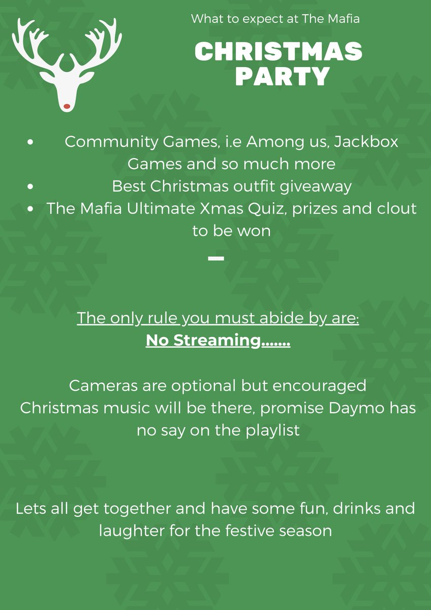 AceDaymo's tweet photo. 🥳EXCLUSIVE DISCORD MAFIA CHRISTMAS PARTY🎄

Swing by and join in the festivities 🎉

@KonfidentlyM and @Roguebirdman have been working hard to make this happen!

Everyone is welcome, just no streaming, because its an exclusive Mafia discord event 😉 

https://t.co/8kyIwwh5U0 https://t.co/f1dOJs7Cl5