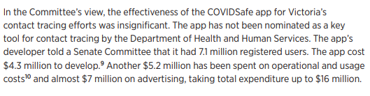 This is directly from the inquiry report. All that money to achieve basically zero. Maybe if the Federal Government wasn't so useless, we could have had Gold Standard Contact tracing Nationwide.  #auspol  #springst  #thisisnotjournalism  #MurdochRoyalCommission