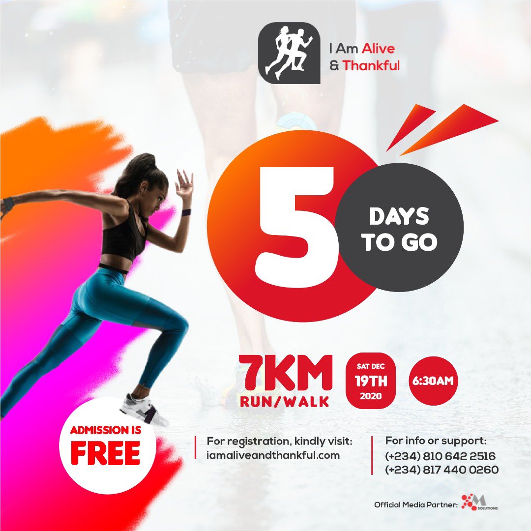 alivendthankful's tweet photo. It's 5 days to the 7KM health walk/run. Don't miss the opportunity to directly influence change in your fitness life. To register, link in Bio!
#iamaliveandthankful #fitness #7kmRun #Health https://t.co/SnRCXIU4f2