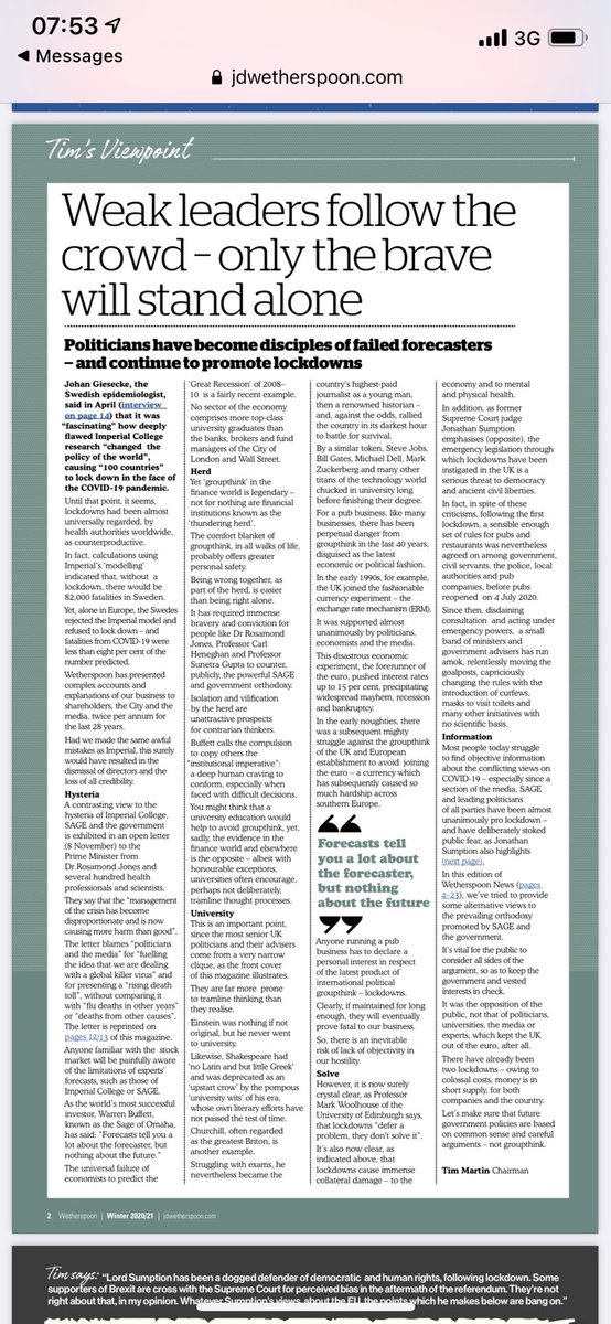 TiceRichard's tweet photo. Wonderful Wetherspoons putting 23 page newsletter taking on Covid myths on every table in every pub from today🙏 incl article by superb ⁦@MichaelYeadon3⁩ https://t.co/EHkQTePT4J