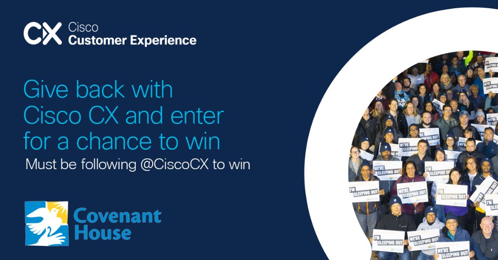 CiscoCX's tweet photo. Giving back is more important than ever. That's why we're partnering with @CovenantHouse to end youth homelessness. For every retweet, Cisco CX will donate $5. As a bonus, 10 participants will also win a prize. 

Terms: https://t.co/vGqmdnahZ5 #CiscoCXGivesBack #CiscoSweepstakes https://t.co/8KcC6zGxzK