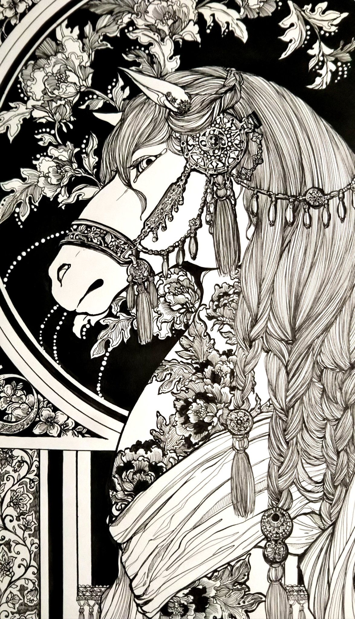 Takita 切り絵作家 ペン画作品 華白馬 ペン画 馬 白馬 イラスト T Co Legsmfkdxi Twitter