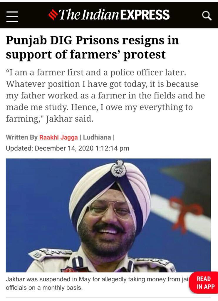 It’s not just about belonging to a farmer family... everyone who enjoys a good meal owes a THANK YOU to the farmers.
Well done Lakhminder Singh  Jakhar IPS ... you took an inspirational step!

#isupportfarmers #FarmersProtest